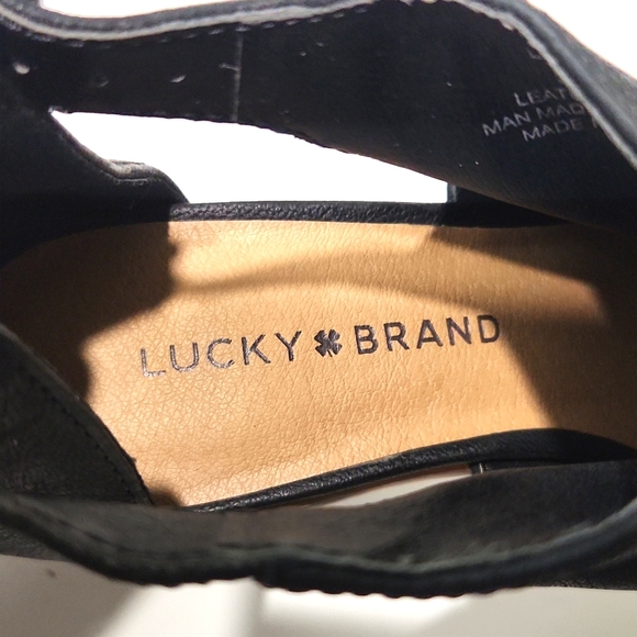 NEW Lucky Brand Barimo Black Leather Wood Block Open Toe Heels Women's 9 - Picture 8 of 13